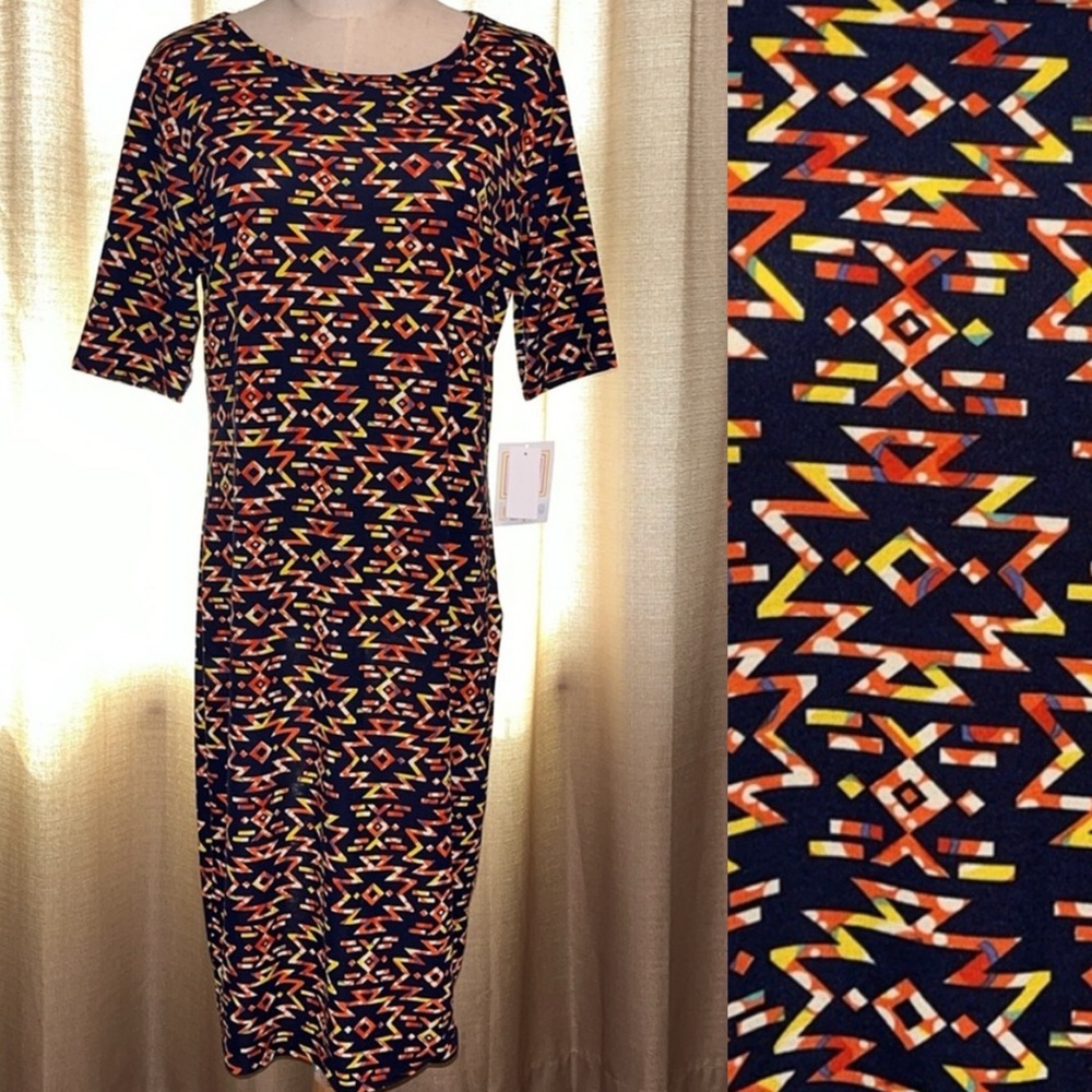 LuLaRoe Julia Aztec Print Orange Yellow Dark Blue Dress Womens XL New With Tags